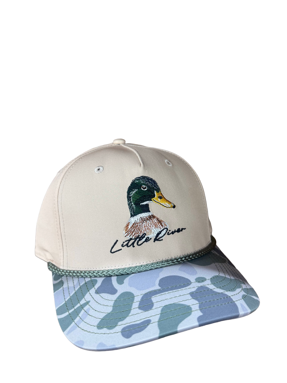 Embroidered mallard duck 258 hat with khaki crown and camo bill performance fabric snapback