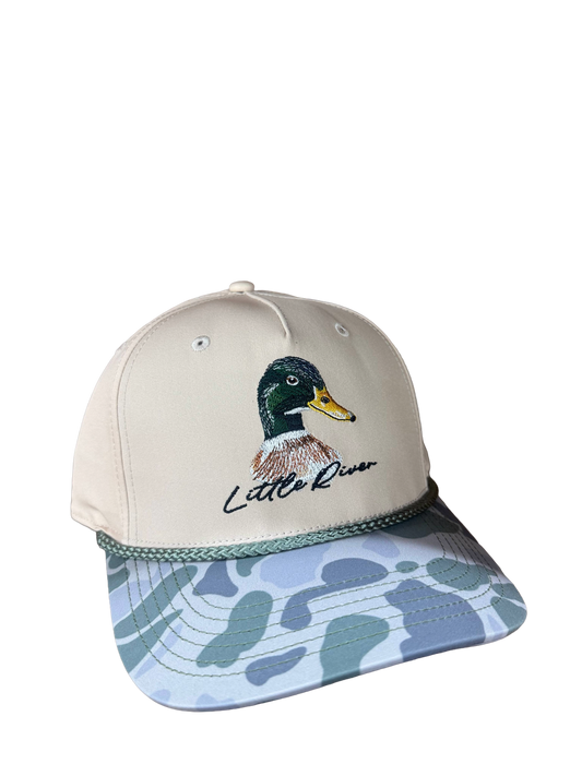 Embroidered mallard duck 258 hat with khaki crown and camo bill performance fabric snapback