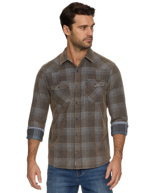 RANBURNE LS VINTAGE WASH CORDUROY WESTERN SHIRT - Charcoal/Blue
