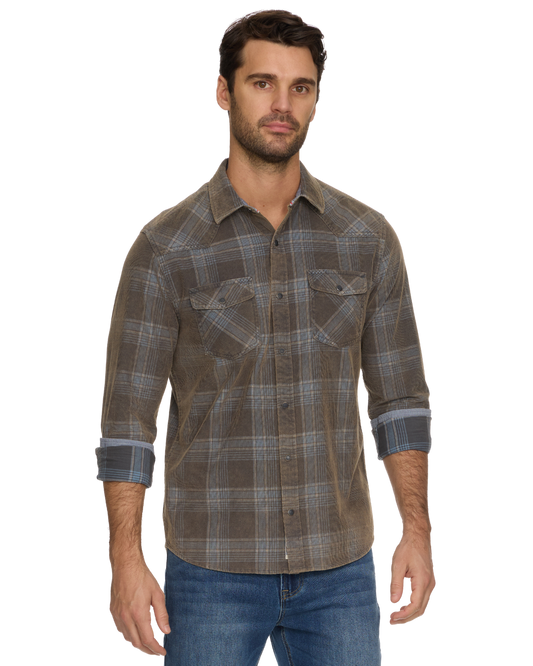 RANBURNE LS VINTAGE WASH CORDUROY WESTERN SHIRT - Charcoal/Blue